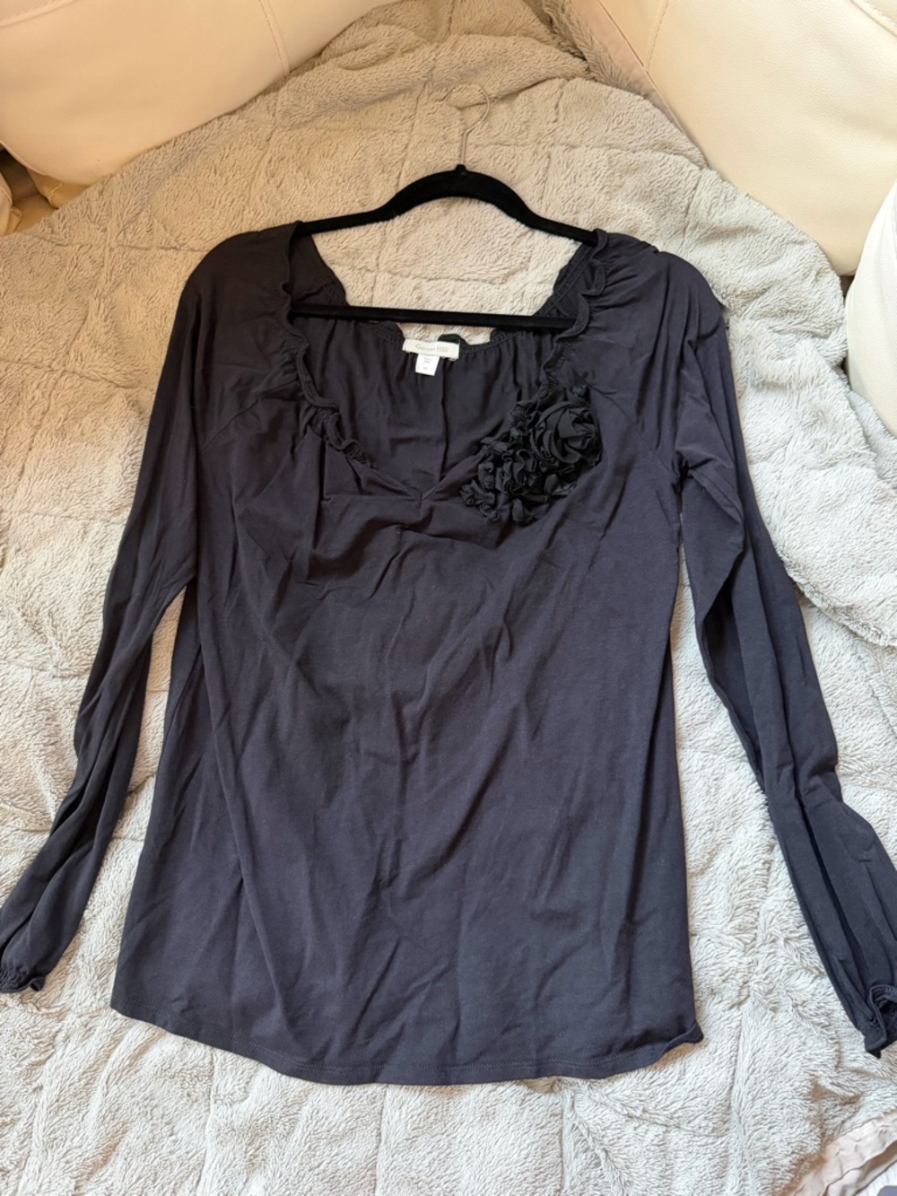Garnet Hill Black Long-Sleeve Ruffle Neck Top